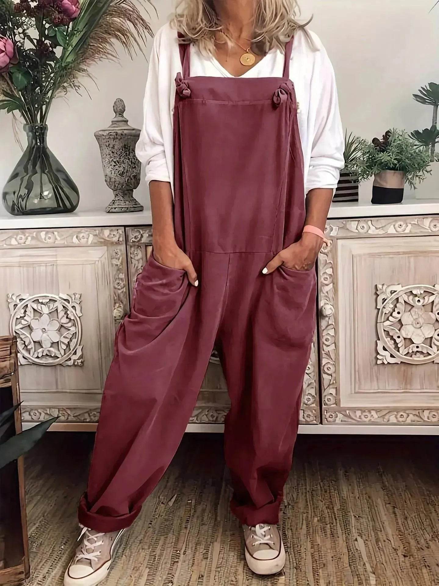 Women's Solid Color Casual Pocket Lace-up Adjustable Jumpsuit - Velora