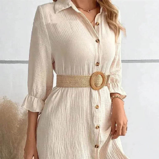 Women's Solid Color Cotton Ruffled Sleeve And Linen Breasted Loose Shirt Dress - Velora
