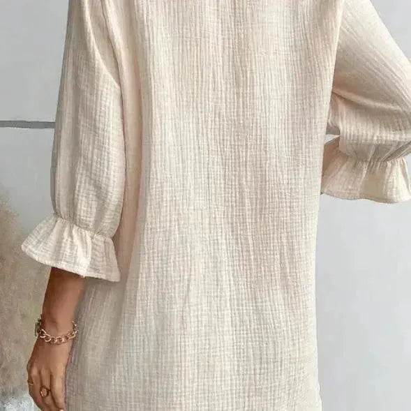 Women's Solid Color Cotton Ruffled Sleeve And Linen Breasted Loose Shirt Dress - Velora