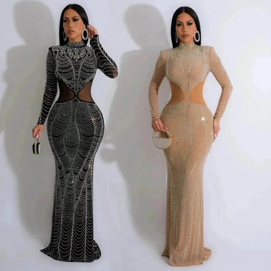 Women's Wear Pure Color Mesh Hot Drilling Dress - Velora