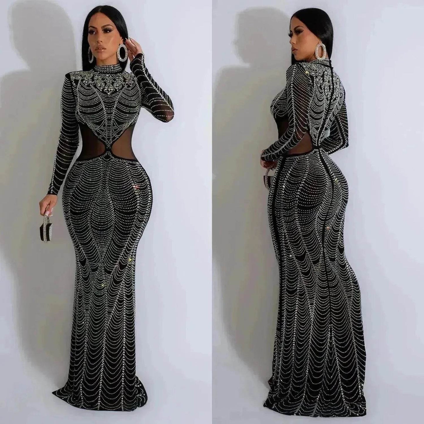 Women's Wear Pure Color Mesh Hot Drilling Dress - Velora