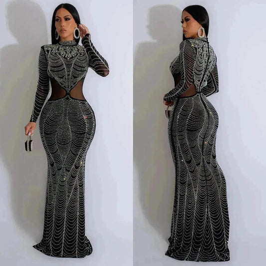 Women's Wear Pure Color Mesh Hot Drilling Dress - Velora