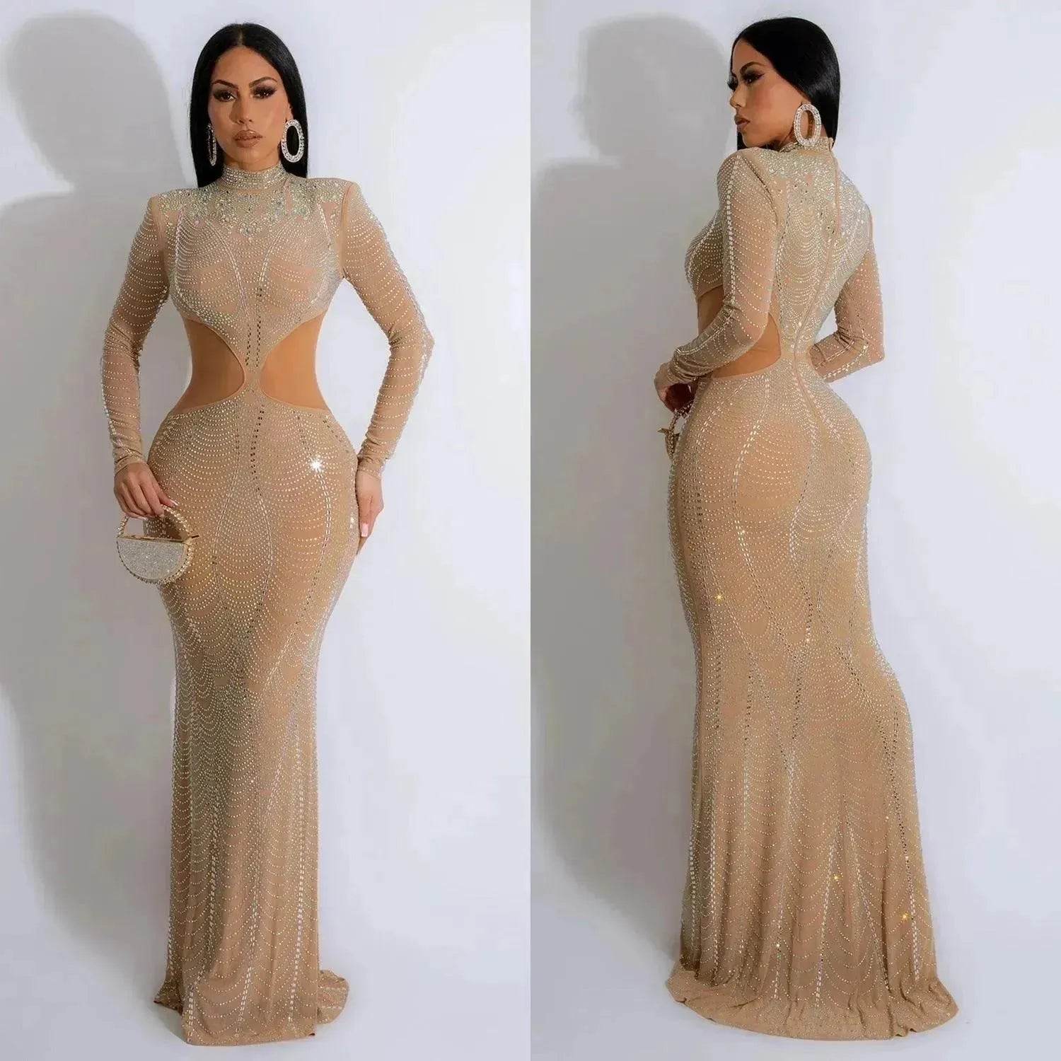 Women's Wear Pure Color Mesh Hot Drilling Dress - Velora