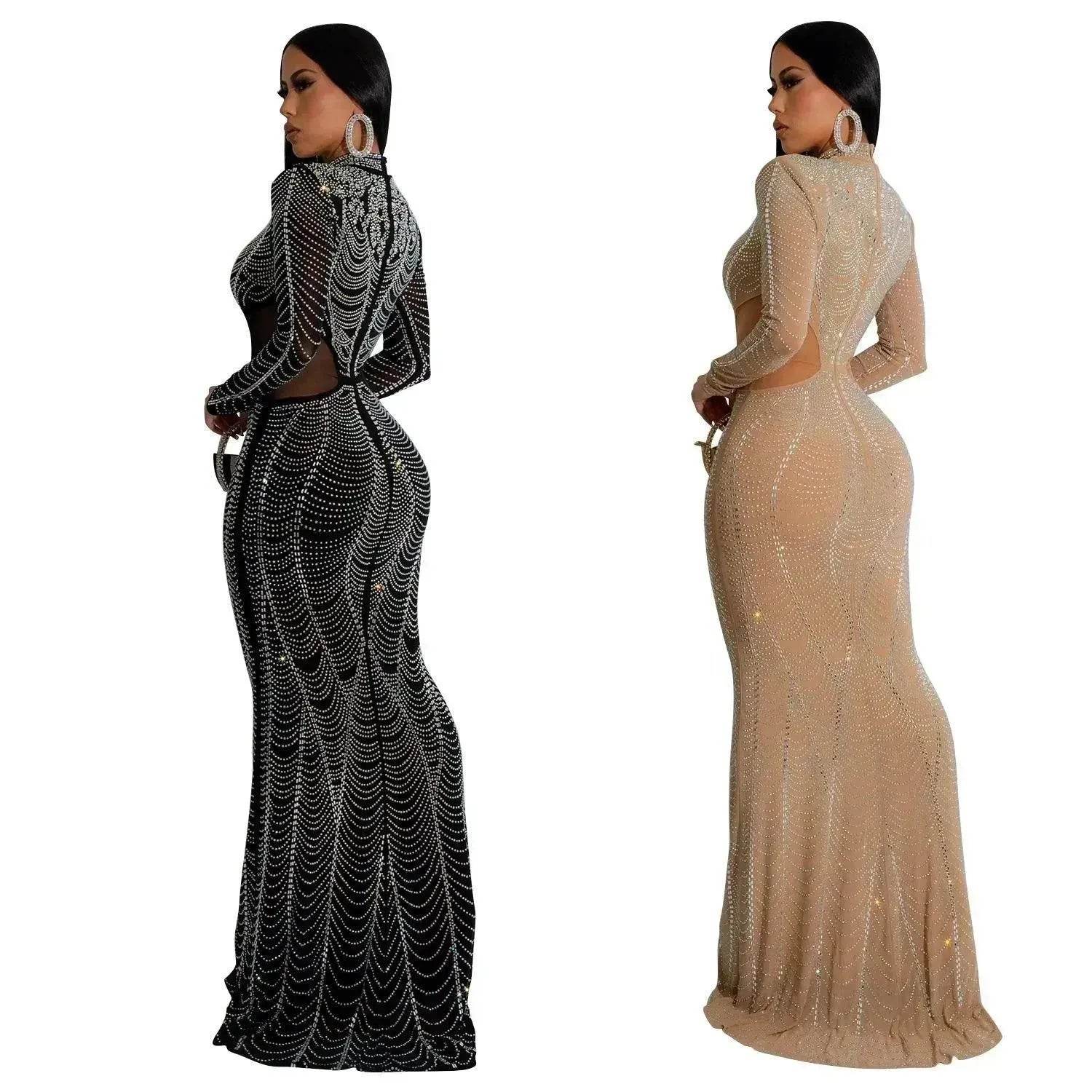 Women's Wear Pure Color Mesh Hot Drilling Dress - Velora