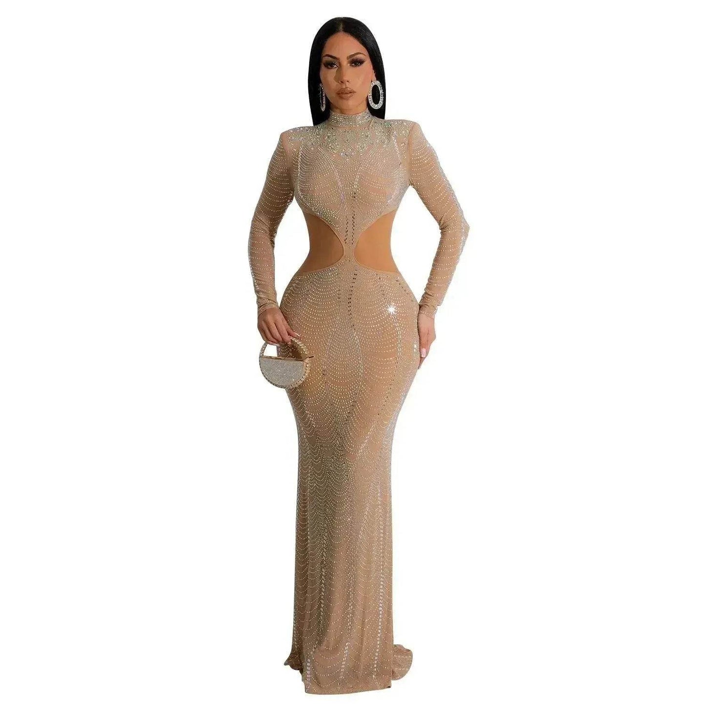 Women's Wear Pure Color Mesh Hot Drilling Dress - Velora