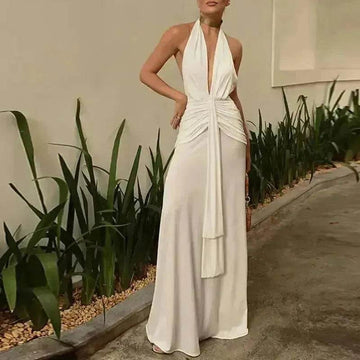 Women Summer Backless  Sleeveless Hanging Neck Pleated White Dress