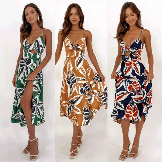 Women Sweet Split Sleeveless Floral Midi Dress