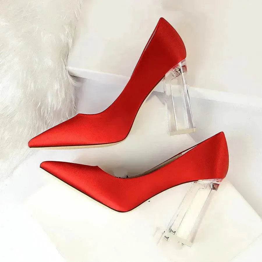 Womens Pumps Shoes Stiletto Satin Transparent Block High Heels - Velora