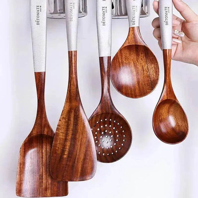 Wooden Kitchen Utensils Set Appliances Special Non-stick Set Pure Natural Teak Solid Wood Long Handle Shovel Tools - Velora