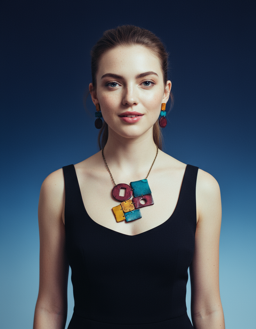 Geometric Statement Necklace in Maroon Teal & Mustard Yellow - Velora Luxury Fashion