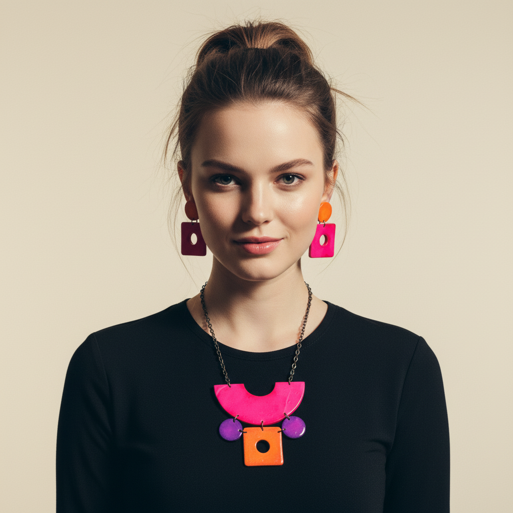 Retro Statement Necklace with Abstract Shapes in Neon Pink Purple Orange - Velora Luxury Fashion