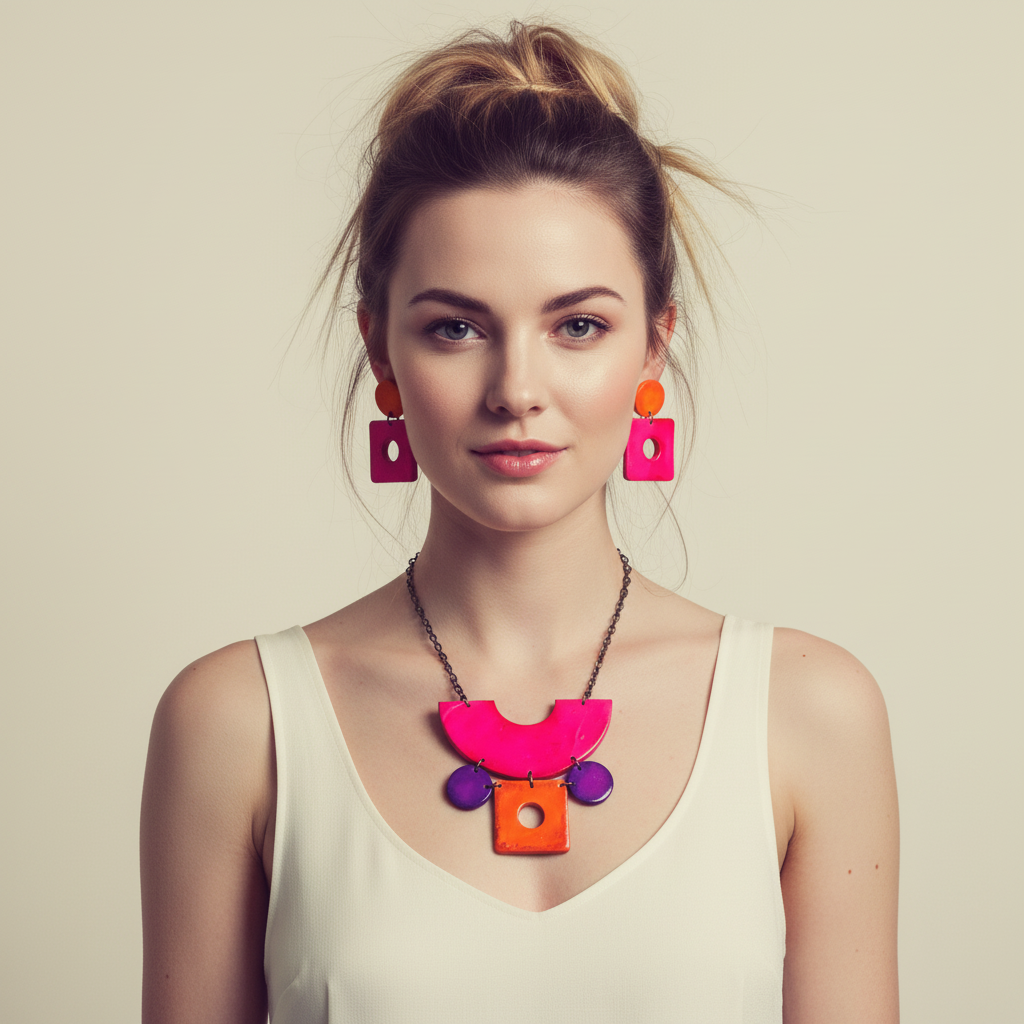 Retro Statement Necklace with Abstract Shapes in Neon Pink Purple Orange - Velora Luxury Fashion