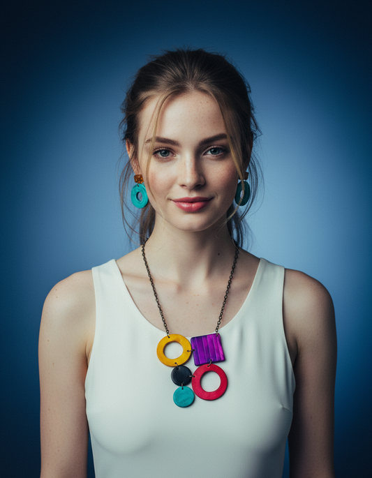 Colorful Geometric Necklace with Turquoise Hoop Earrings, Polymer Clay Jewelry Set Hand Painted - Velora Luxury Fashion