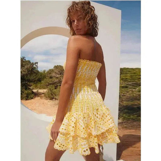 Wrapped Chest Embroidered Cotton Stretch Waist Shaping Ruffled Vacation Jumpsuit Skirt - Velora