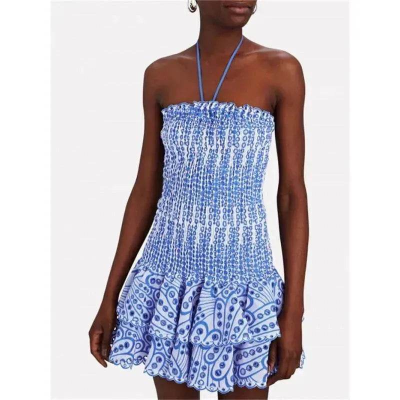 Wrapped Chest Embroidered Cotton Stretch Waist Shaping Ruffled Vacation Jumpsuit Skirt - Velora