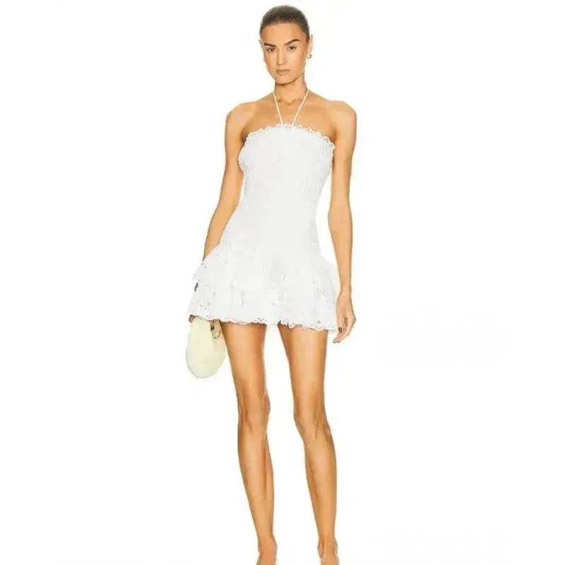 Wrapped Chest Embroidered Cotton Stretch Waist Shaping Ruffled Vacation Jumpsuit Skirt - Velora
