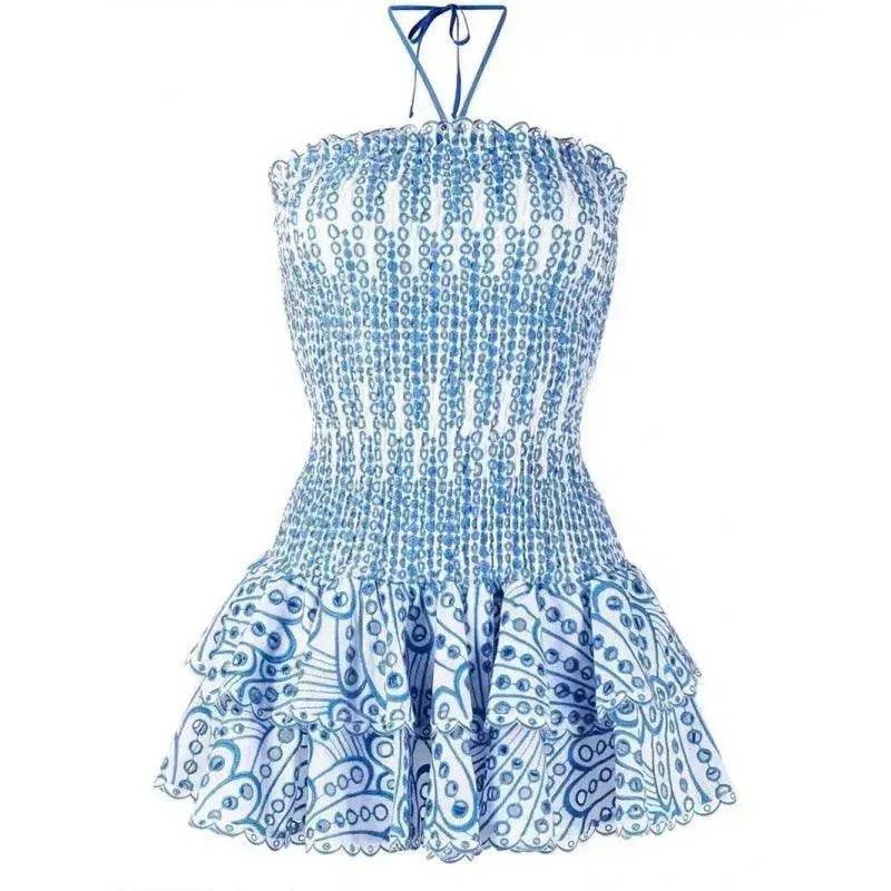 Wrapped Chest Embroidered Cotton Stretch Waist Shaping Ruffled Vacation Jumpsuit Skirt - Velora