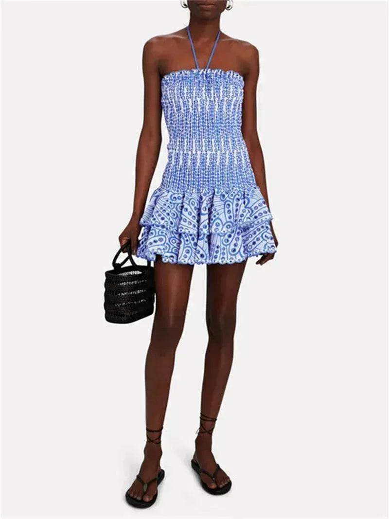 Wrapped Chest Embroidered Cotton Stretch Waist Shaping Ruffled Vacation Jumpsuit Skirt - Velora