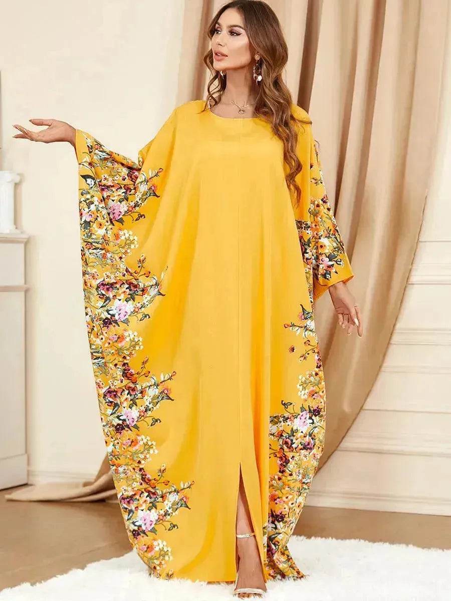Yellow Bat Sleeve Plus Size Buba Abaya Middle East Women Dress - Velora