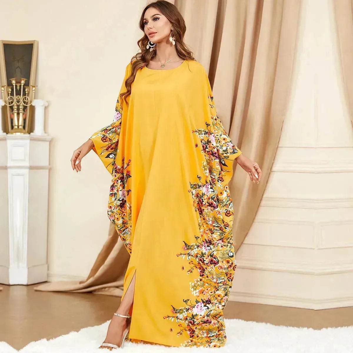 Yellow Bat Sleeve Plus Size Buba Abaya Middle East Women Dress - Velora