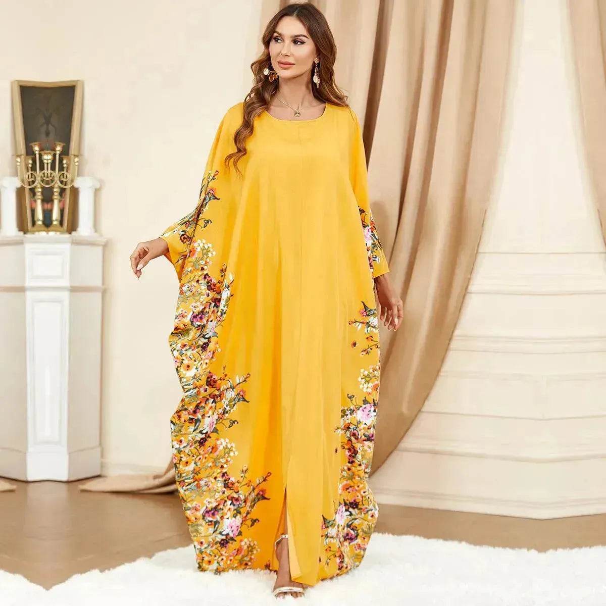 Yellow Bat Sleeve Plus Size Buba Abaya Middle East Women Dress - Velora