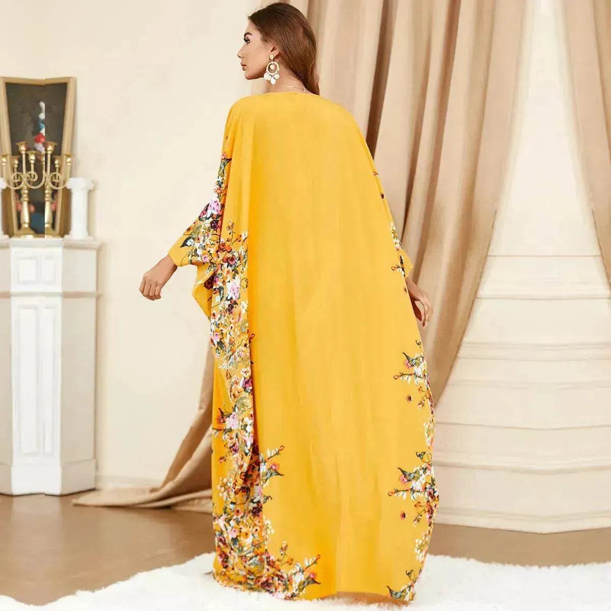 Yellow Bat Sleeve Plus Size Buba Abaya Middle East Women Dress - Velora