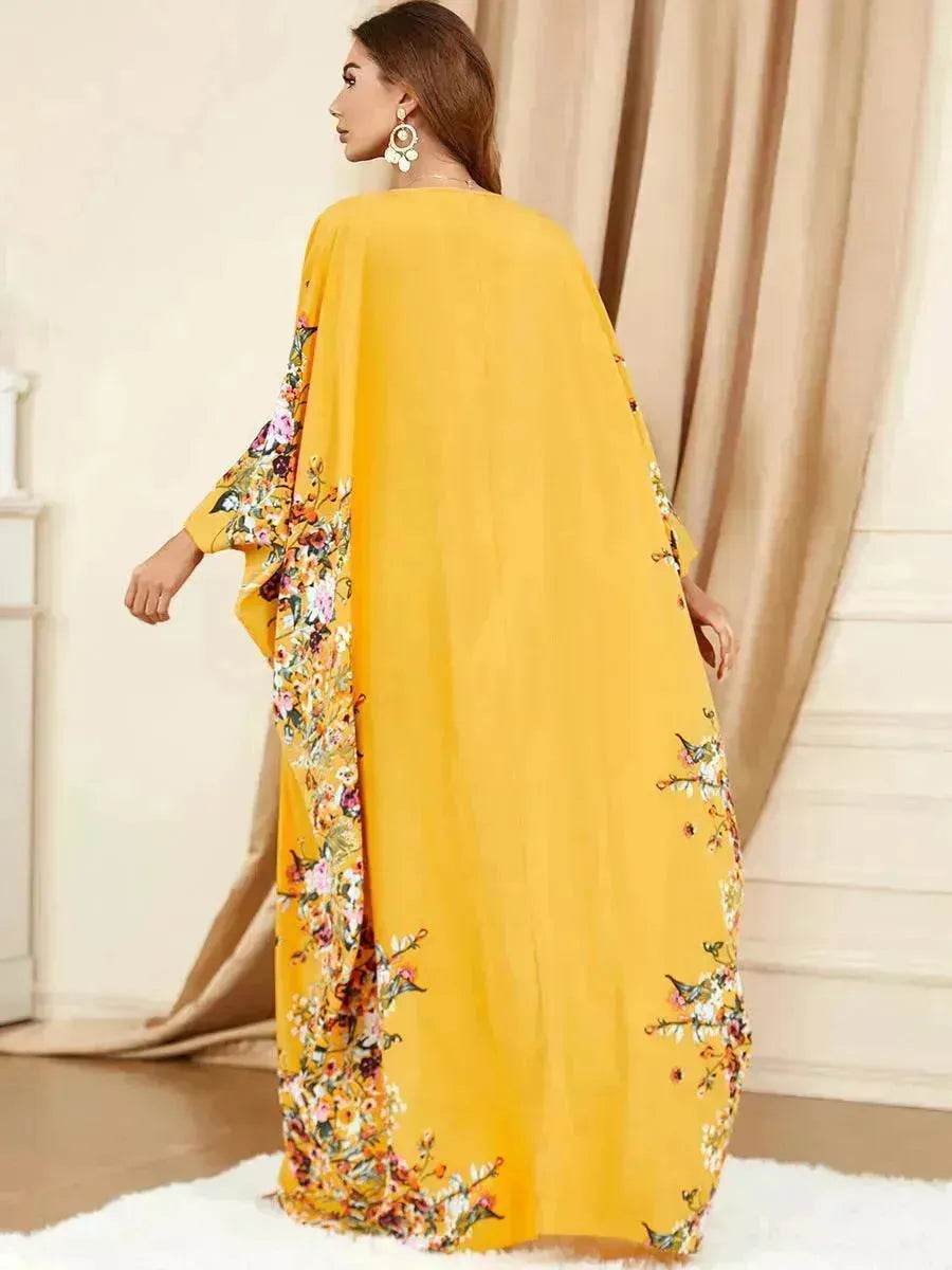 Yellow Bat Sleeve Plus Size Buba Abaya Middle East Women Dress - Velora