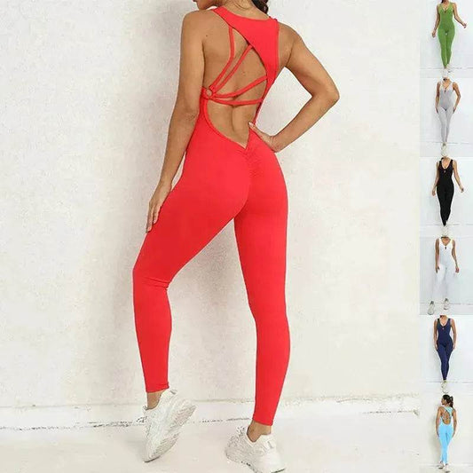 Yoga Jumpsuit V-shaped Back Design Sleeveless Fitness Running Sportswear Stretch Tights Pants For Womens Clothing - Velora